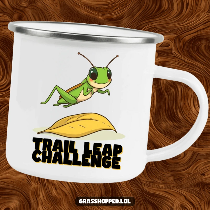 Funny grasshopper joyfully leaping over a fallen leaf on a durable camping mug, adventurous outdoor gift.