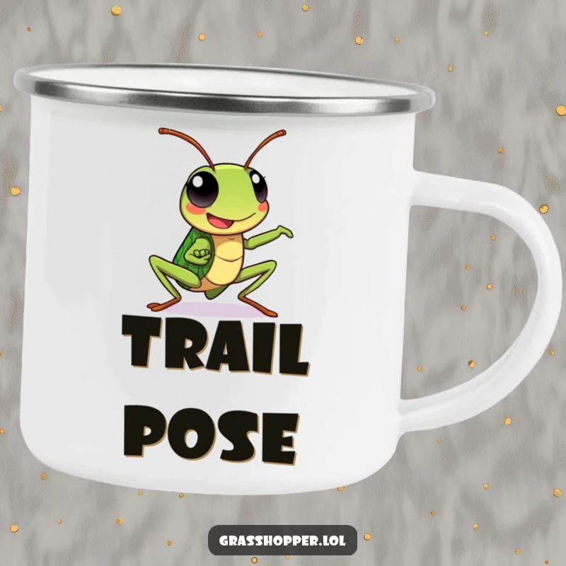 Kawaii grasshopper camping mug with a happy grasshopper in a dynamic pose, perfect for outdoor energy.