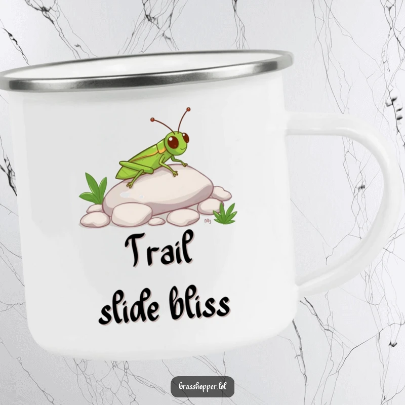 Funny Grasshopper Camping Mug with a happy insect sliding down a pebble, ideal for outdoor use and spreading cheer.