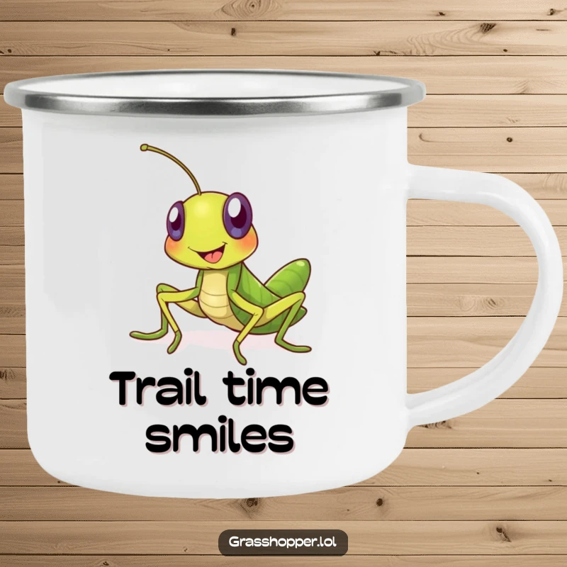 Funny grasshopper camping mug featuring a big, welcoming smile from a cheerful insect. Ideal for hikers and lovers of funny outdoor gifts.