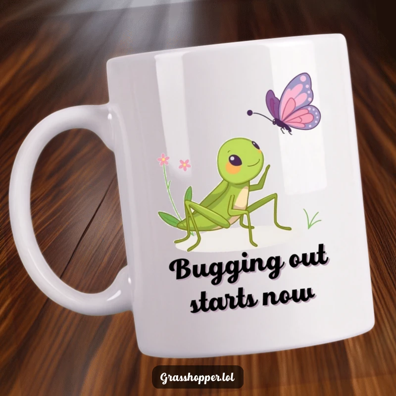 Funny mug showing a mischievous grasshopper playfully bopping a startled butterfly mid-flight, highlighting a moment of lighthearted insect chaos.