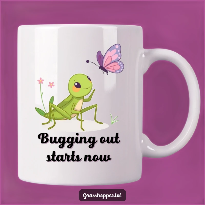 Funny Grasshopper Bopping Butterfly Mug - Hilarious Insect Art Gift!