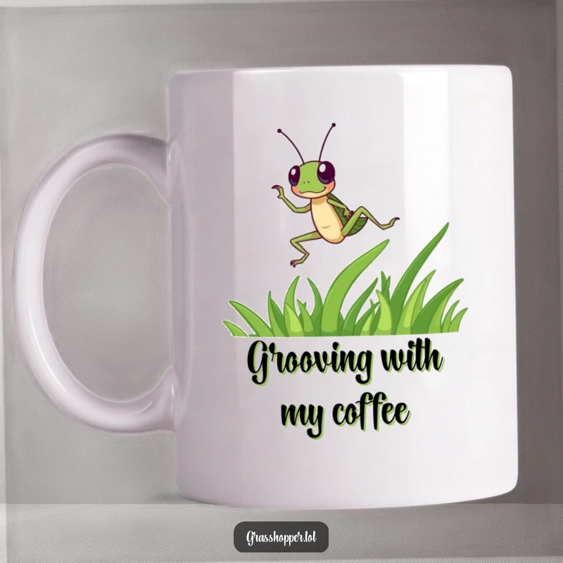 Funny grasshopper character dances energetically on a blade of grass on this mug, a vibrant funny gift.