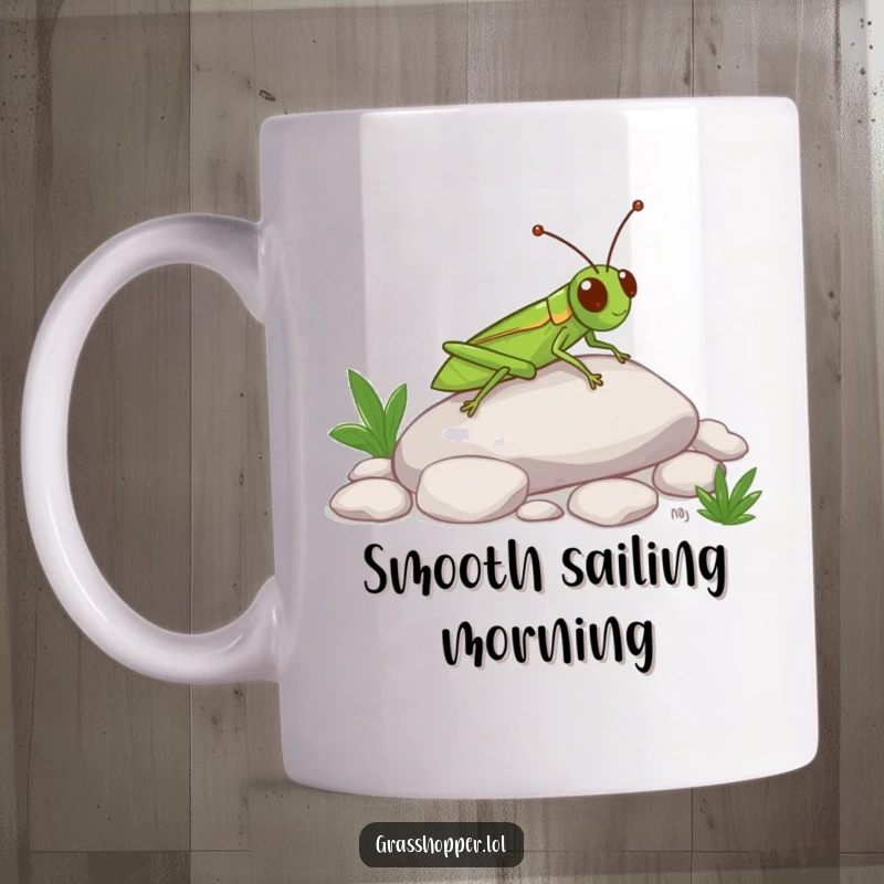 Funny Grasshopper Mug showing a happy insect joyfully sliding down a smooth pebble, conveying pure fun and amusement.