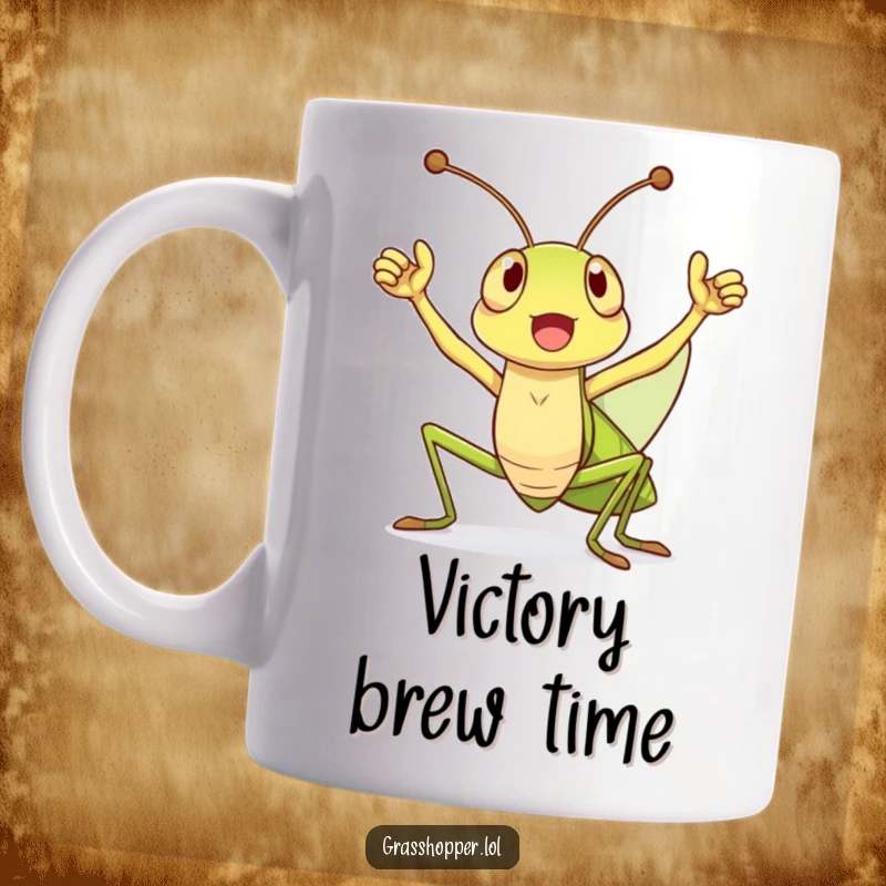 Funny Mug featuring a happy grasshopper with antennae raised high, cheering enthusiastically to celebrate a significant victory.