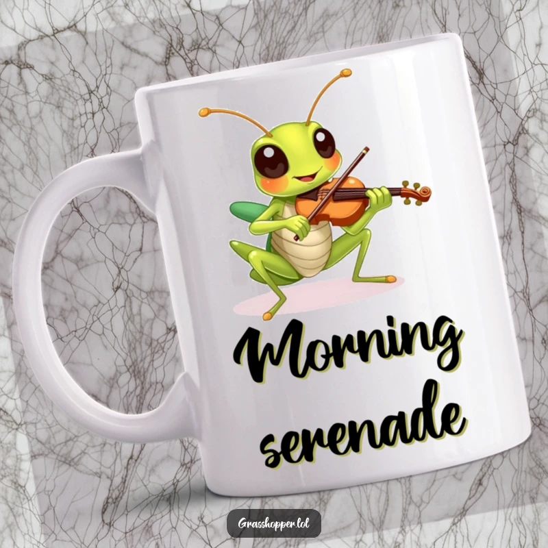 Funny grasshopper with a cheerful expression playing a tiny violin, depicted on a humorous mug.