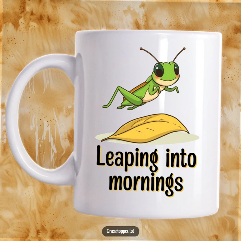 Funny grasshopper in mid-leap, joyfully jumping over a colorful fallen autumn leaf, dynamic and happy, mug gift.