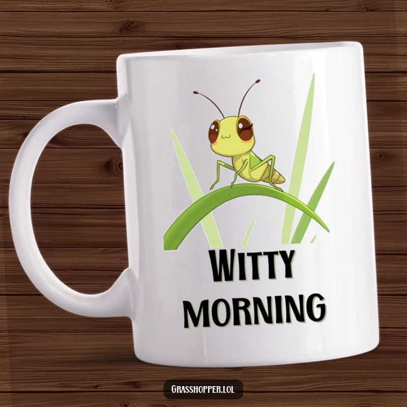 Funny Winking Grasshopper Mug: A confident insect winking while balancing, exuding funny, cool vibes.