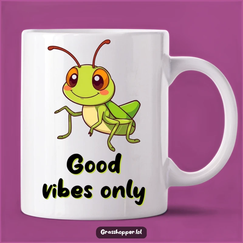 Kawaii Grasshopper Mug: Silly Grin Antennae Waving, Cute Funny Gift!