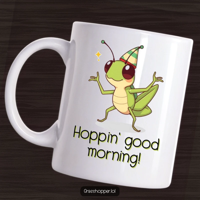 Funny kawaii grasshopper wearing a small hat, joyfully doing a celebratory dance with its legs in the air on a mug.