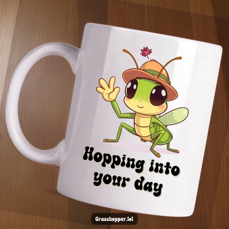 Funny Grasshopper Mug featuring a cute, hat-wearing insect waving a friendly greeting, perfect for morning coffee.