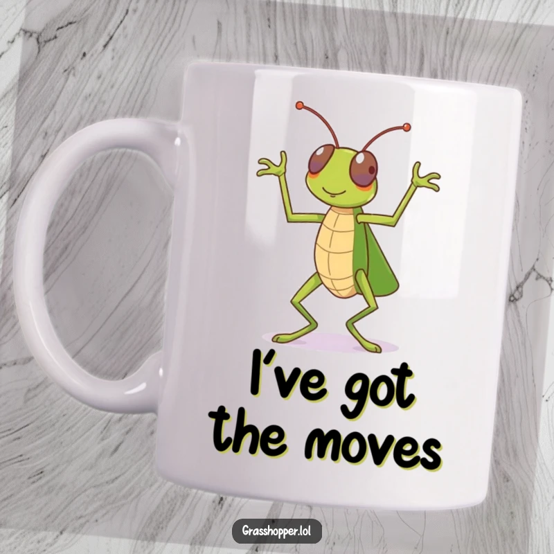 Funny grasshopper mug, enthusiastically performing a celebratory dance with its legs, radiating pure joy and energy, a funny gift.