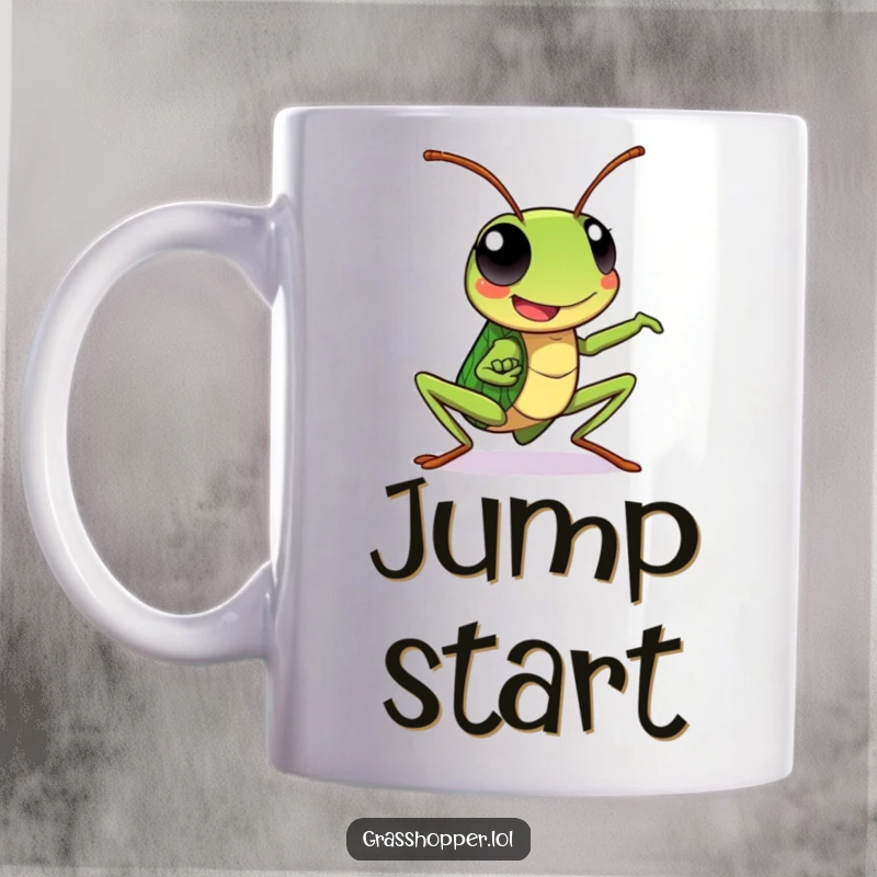 Kawaii grasshopper mug with a happy expression, striking a dynamic pose, radiating energy and cheerful action.