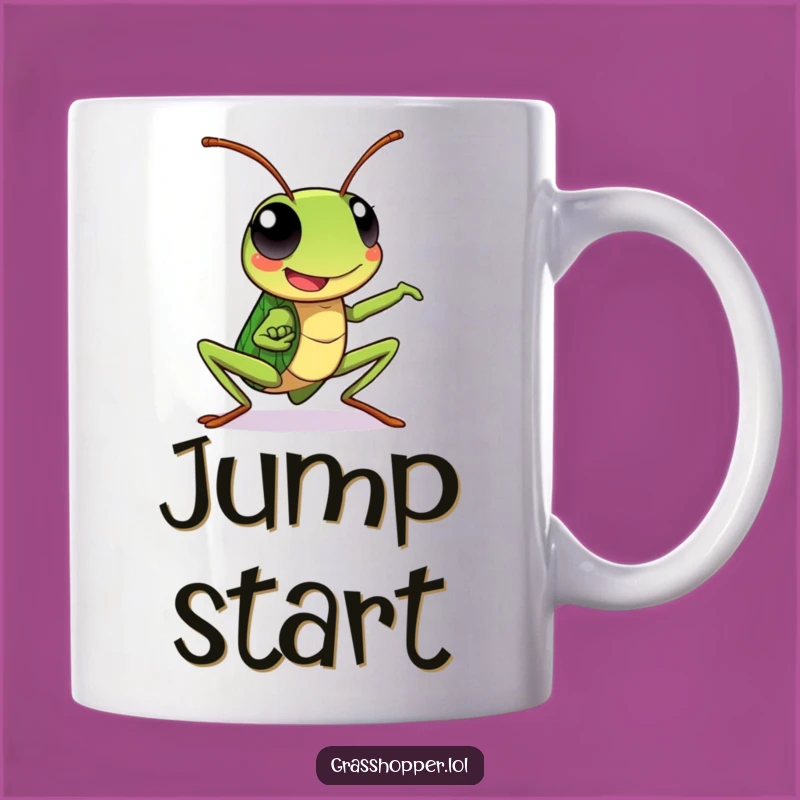 Kawaii Grasshopper Mug: Dynamic Pose Happy Expression, Energetic Funny Gift!
