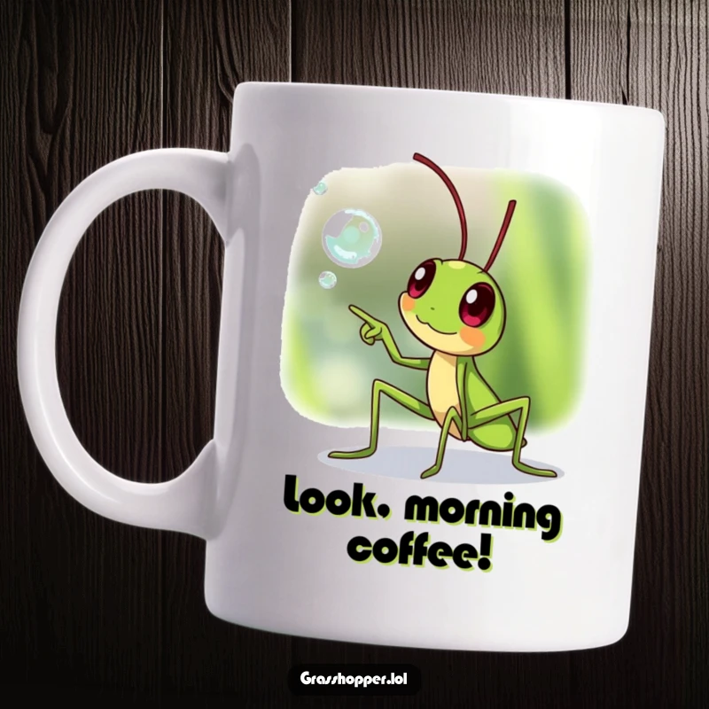 Funny grasshopper mug, pointing excitedly towards a sparkling dewdrop, full of wonder and discovery, a funny gift.