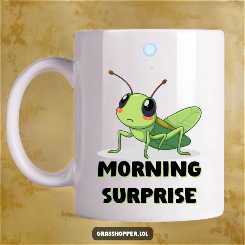 Funny kawaii grasshopper mug showing surprise as a dewdrop lands on its head, a cute and humorous moment.