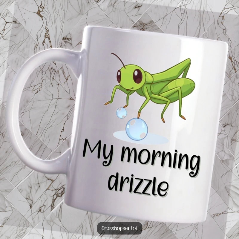 Funny Grasshopper Dewdrop Mug: A happy insect playfully bouncing a water drop, bringing funny, lighthearted vibes.