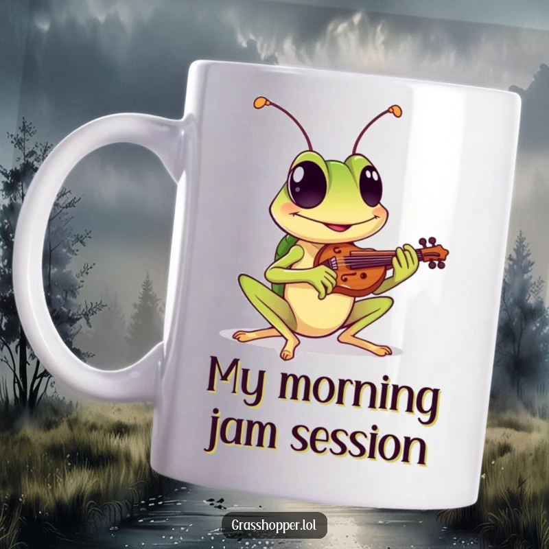 Funny mug featuring a grasshopper with a cheerful grin playing a miniature violin, embodying musical joy and playful humor.