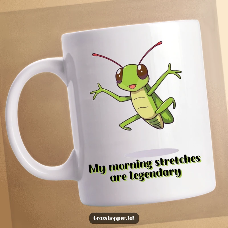 Funny grasshopper mug featuring a grasshopper mid-dramatic jump with legs outstretched, ready for action, bringing comedic vibes.