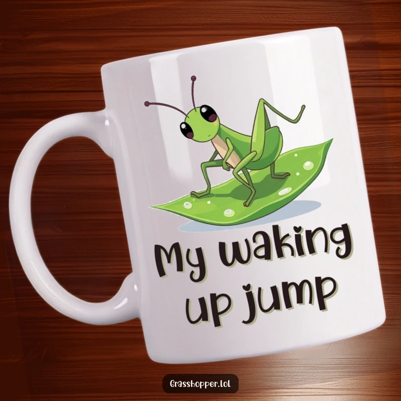 Funny Mug: A green grasshopper enthusiastically performing a cartwheel on a fresh, dewy green leaf.