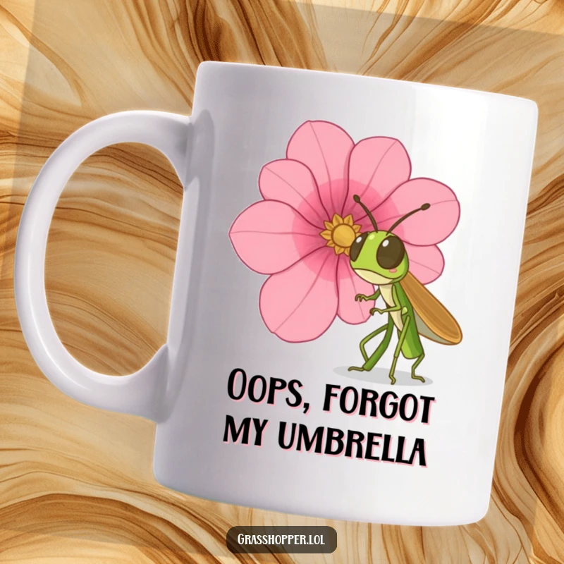 Funny grasshopper mug, looking utterly surprised as a giant flower petal falls towards it, capturing a comical, unexpected moment, funny gift.