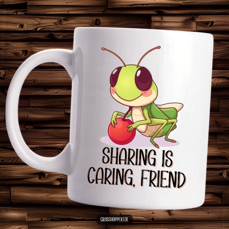Funny grasshopper mug, with a friendly grin, sharing a tiny berry, radiating kindness and generosity, a funny gift.