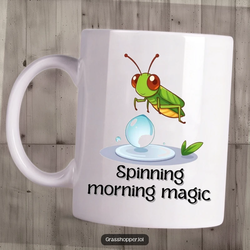 Funny Grasshopper Mug featuring a grasshopper playfully spinning on a shiny dewdrop, radiating joy.
