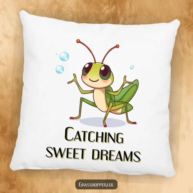 Funny grasshopper character cheerfully juggling dewdrops with its legs on this pillow, a cozy funny gift.