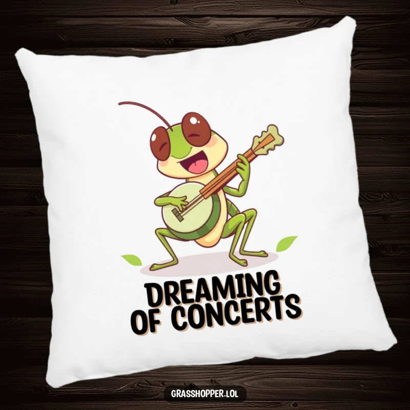 Funny grasshopper character excitedly playing a tiny leaf banjo on this pillow, a cozy funny gift.