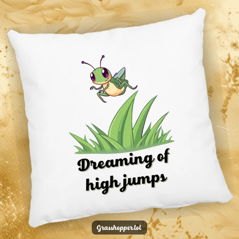Funny Grasshopper Pillow depicting a happy grasshopper in mid-leap over a blade of grass, offering comfort and natural charm.