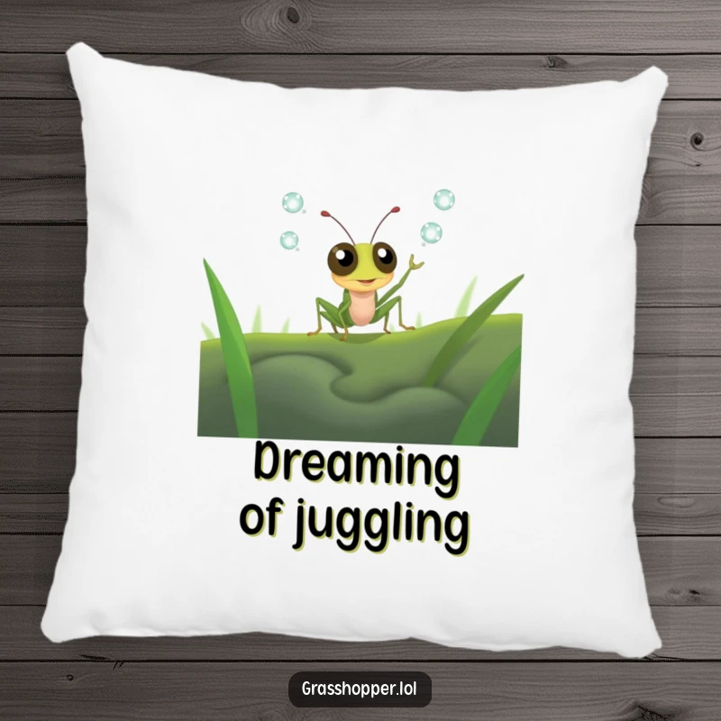 Funny grasshopper with comically large eyes attempting to juggle dewdrops on a soft pillow, cute and funny cushion gift.