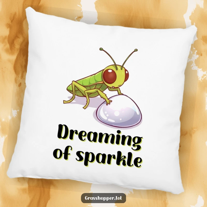 Funny Grasshopper Pillow with a curious insect examining a sparkling pebble, perfect for comfort and adding a touch of wonder.