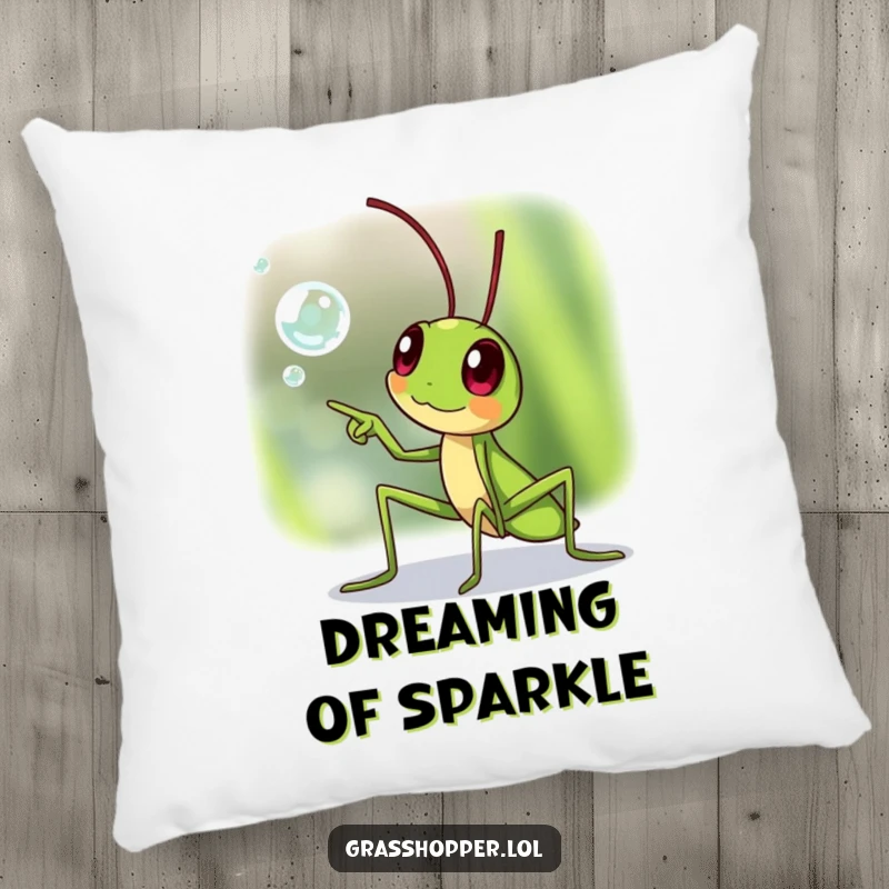 Funny excited grasshopper pillow, soft and huggable, pointing at a dewdrop, bringing wonder and humor, a funny gift.