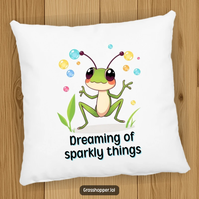 Funny pillow featuring a grasshopper gleefully juggling colorful dewdrops, perfect for cozy comfort and funny gift decor.