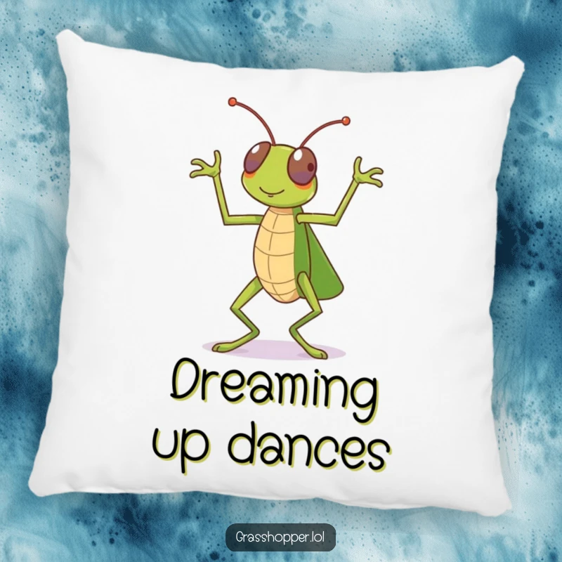 Funny dancing grasshopper pillow, soft and huggable, captured mid-dance, bringing celebration and humor, a funny gift.