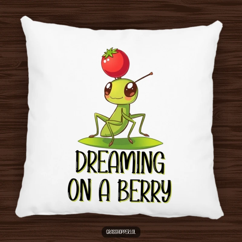 Funny Grasshopper Pillow showing a grasshopper balancing a red berry on its head, adding comfort and charm.