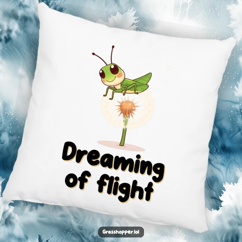 Funny grasshopper pillow with a playful insect bouncing on a dandelion puff, offering comfort and lighthearted fun.
