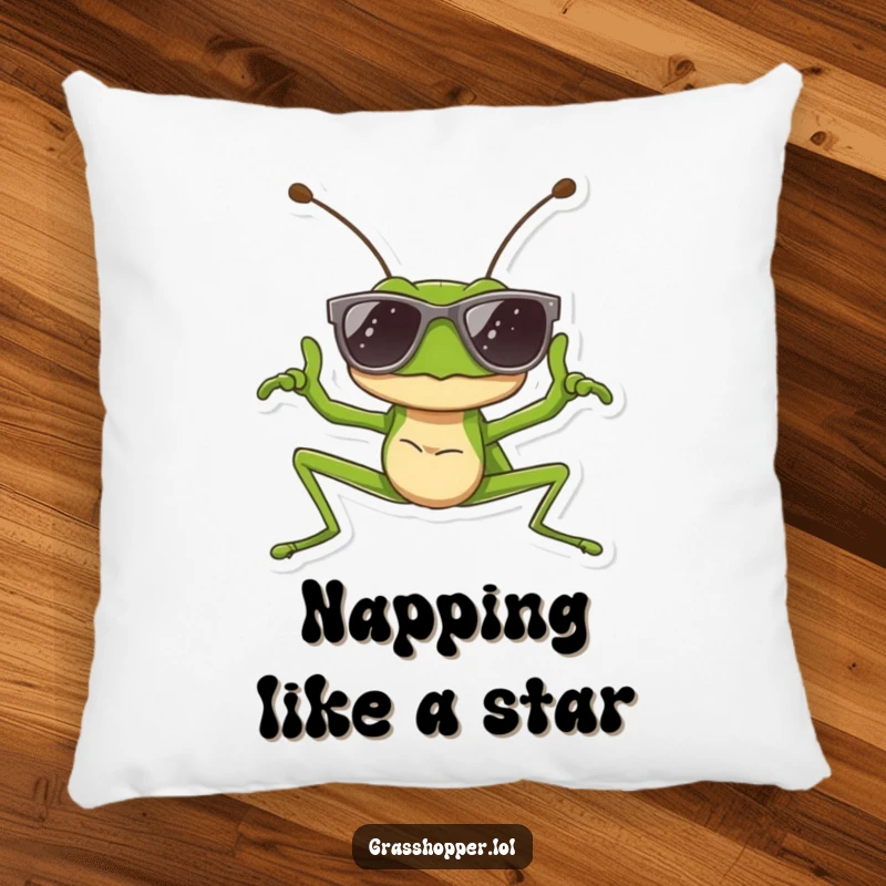 Funny pillow featuring a grasshopper wearing sunglasses and striking a cool pose, perfect for cozy comfort and funny gift decor.