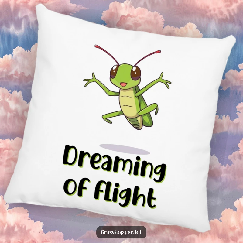 Funny grasshopper pillow showcasing a grasshopper in a dramatic, airborne pose, legs outstretched, adding a humorous touch to decor.
