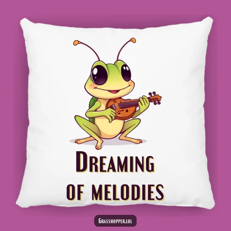 Funny Grasshopper Pillow: Grinning Musician, Cozy Violin Humor Cushion