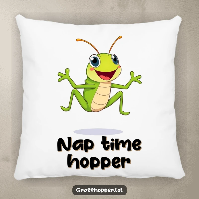 Funny bright green grasshopper with a massive smile is shown mid-leap, bringing joy to this soft and humorous pillow.
