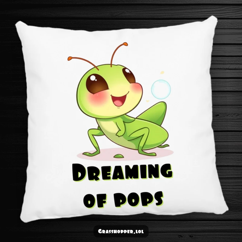 Funny grasshopper pillow with a cute giggling insect blowing a small bubble, adding a touch of comfort and humor to any room.