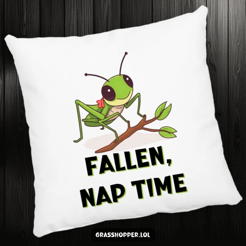 Funny Grasshopper Pillow showing a grasshopper comically tripping over a twig, adding comfort and humor.