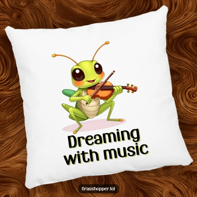 A soft pillow featuring a funny grasshopper playing a tiny violin with a happy expression.