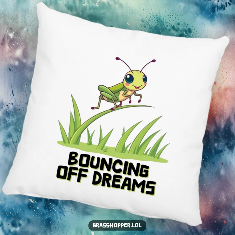 Funny kawaii grasshopper in a joyous bounce pose on a soft pillow, cute and cuddly design, decorative cushion gift.