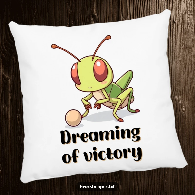 Funny kawaii grasshopper with a determined look, bouncing a ball, depicted as a soft, decorative pillow.