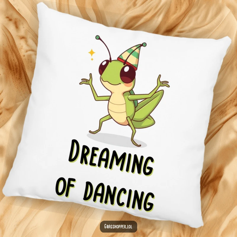 Funny kawaii grasshopper with a hat, doing a happy dance, depicted as a soft, decorative pillow for comfort.