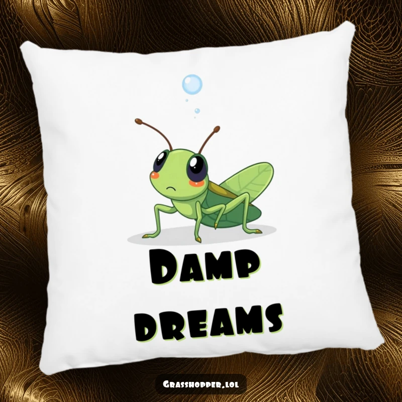 Funny kawaii grasshopper pillow with a grasshopper surprised by a dewdrop, perfect for adding cute comfort.