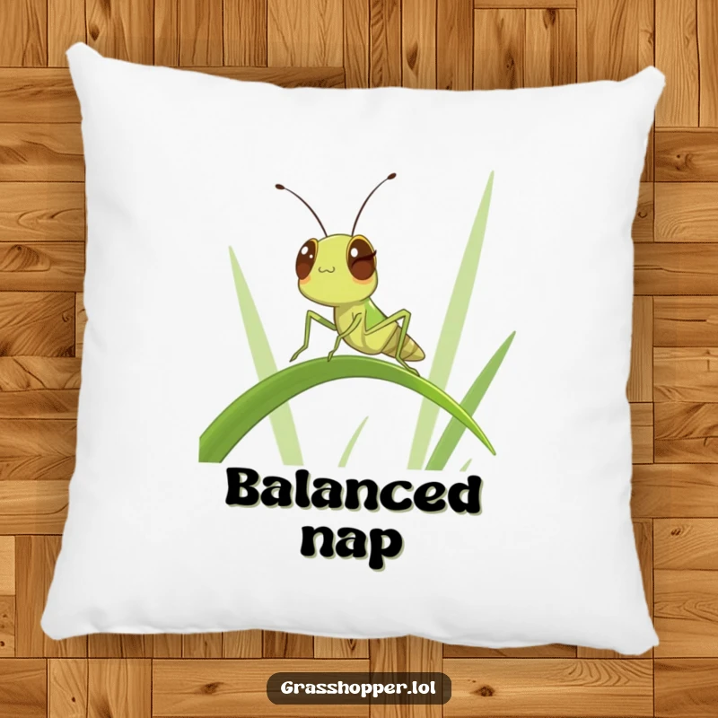 Funny Winking Grasshopper Pillow: A soft cushion depicting a winking insect balancing, offering funny comfort and cool vibes.