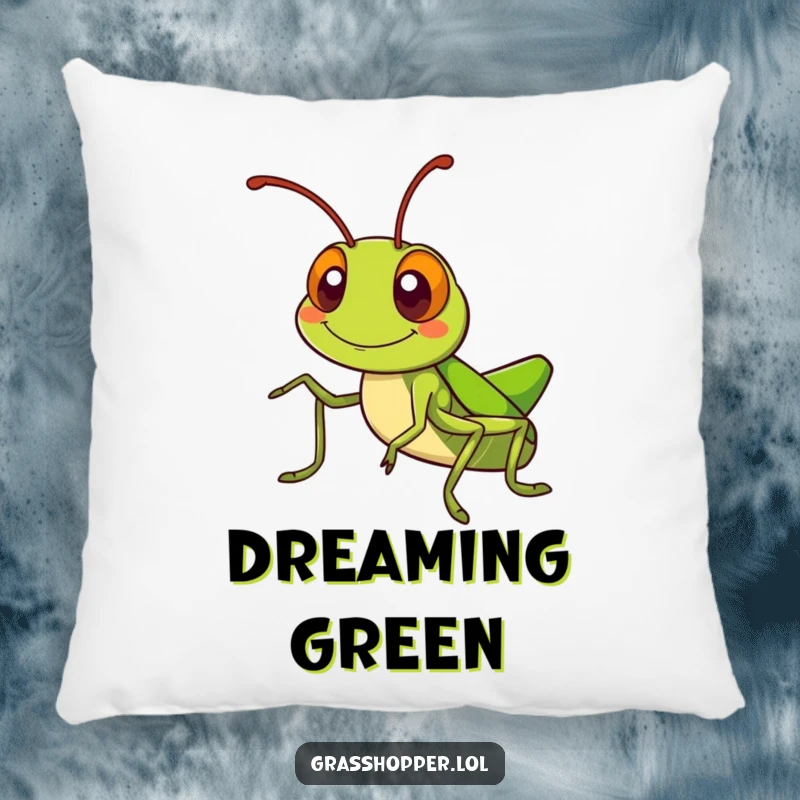 Kawaii grasshopper pillow with a silly smiling grasshopper waving its antennae, perfect for adding cute comfort.